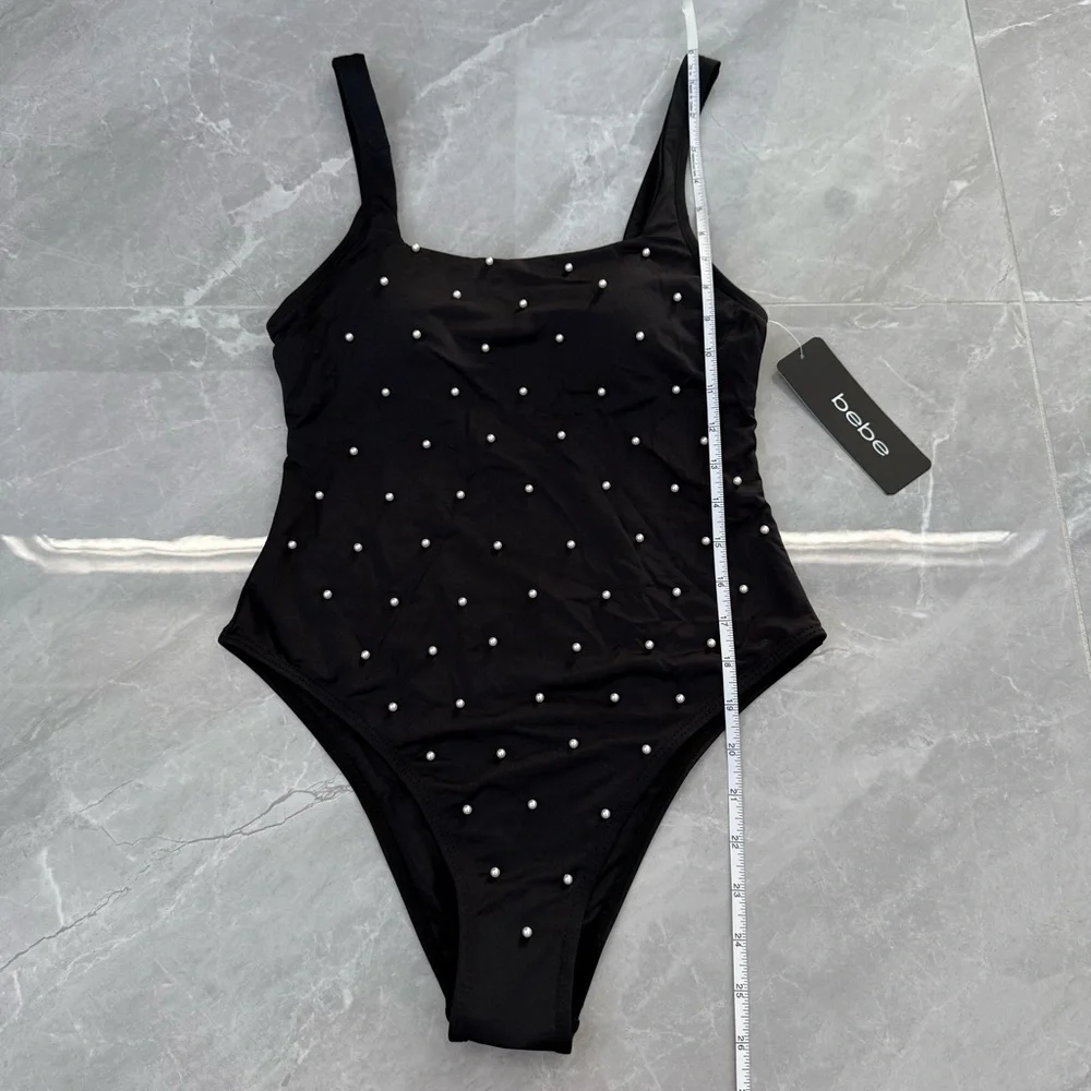 Women’s Bebe Faux Pearl Embellished One Piece Swimsuit Bridesmaid Bachelorette M - Picture 14 of 15